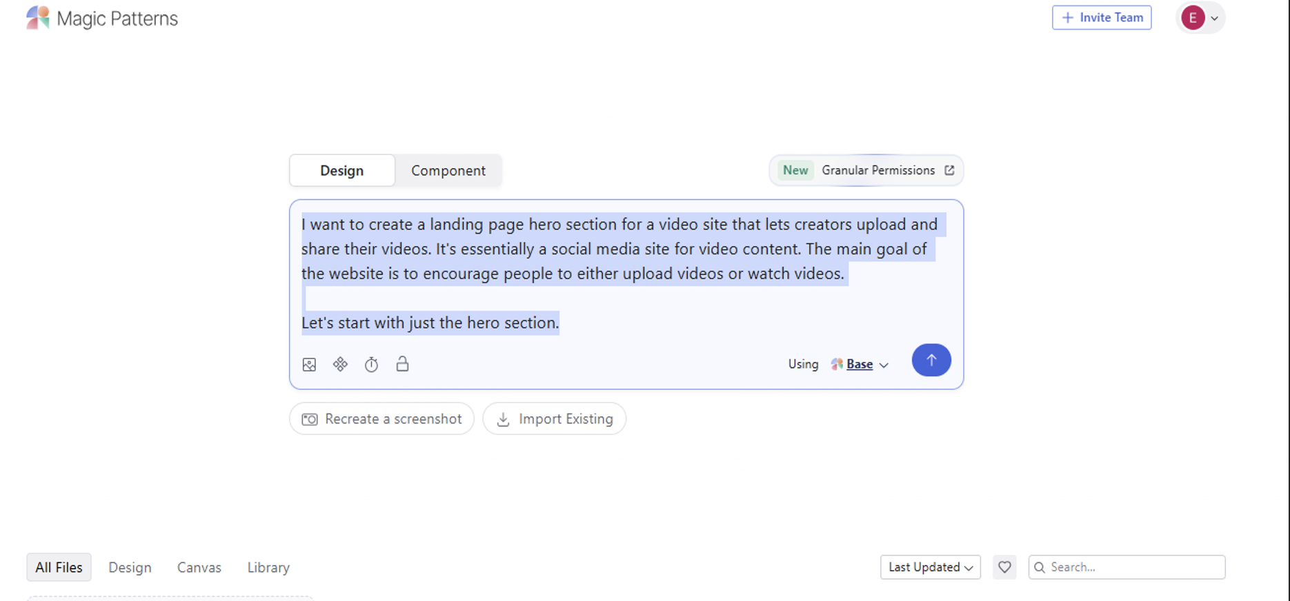 Example of initial Magic Patterns design